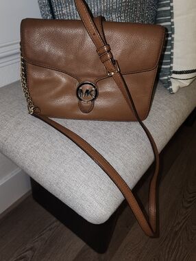 Michael Kors Brown Leather MK Chain-Strap Crossbody Bag